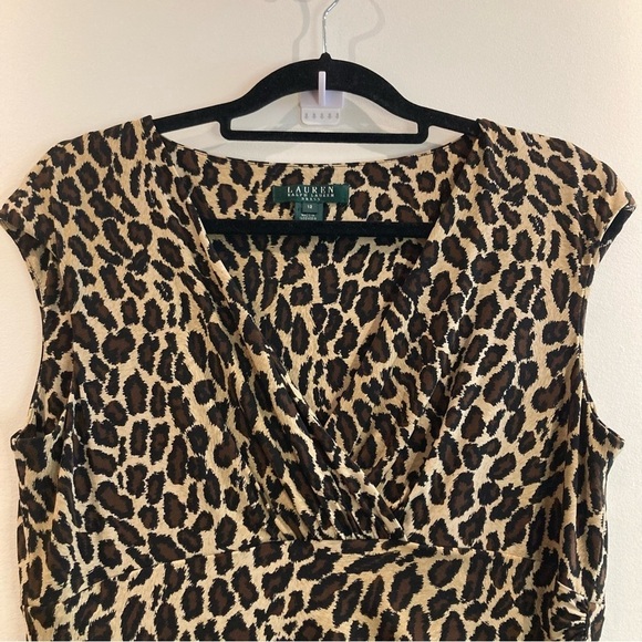 RALPH LAUREN RLR Sz 12 Leopard Print Mock Wrap Ruched Jersey Knit  Dress - Picture 3 of 10